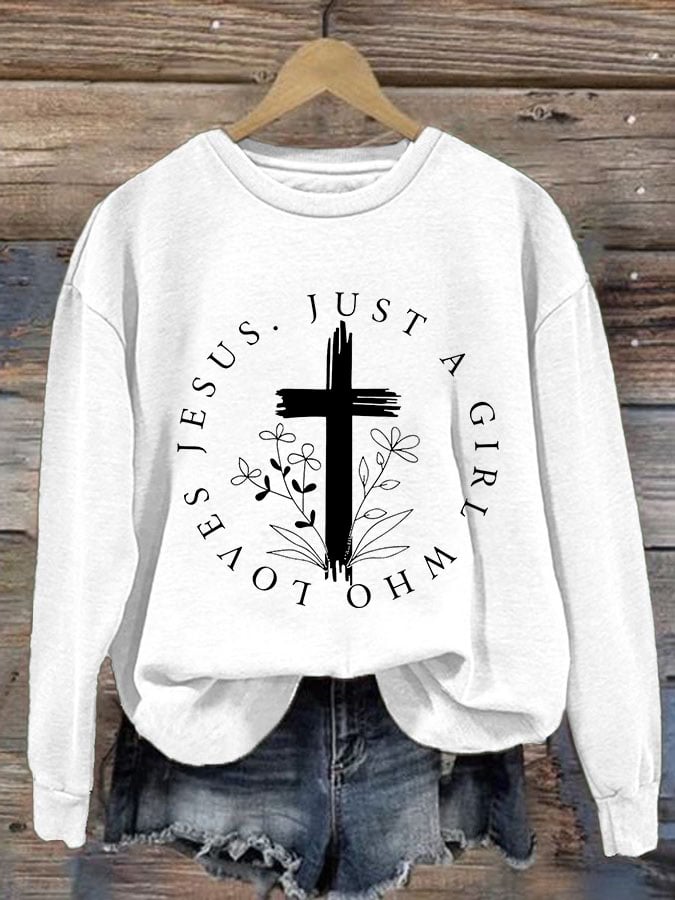 Women's Just A Girl Who Loves Jesus Print Round Neck Sweatshirt