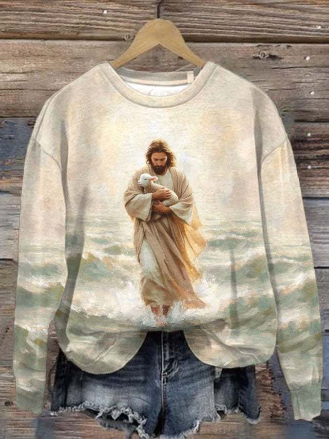 Women's Jesus Saves The Lamb Print Casual Round Neck Sweatshirt