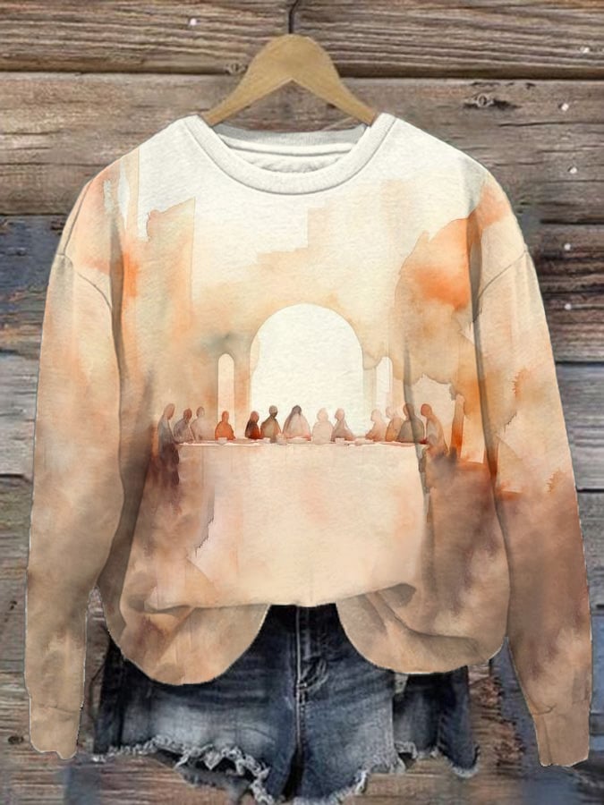 Women's Oil Painting Jesus and Sheep Print Long Sleeve Sweatshirt