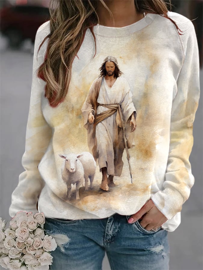 Women's Jesus Leaves The 99, Parable of The Lost Sheep Print Sweatshirt