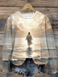 Women's Jesus Walking On Water Print Round Neck Sweatshirt