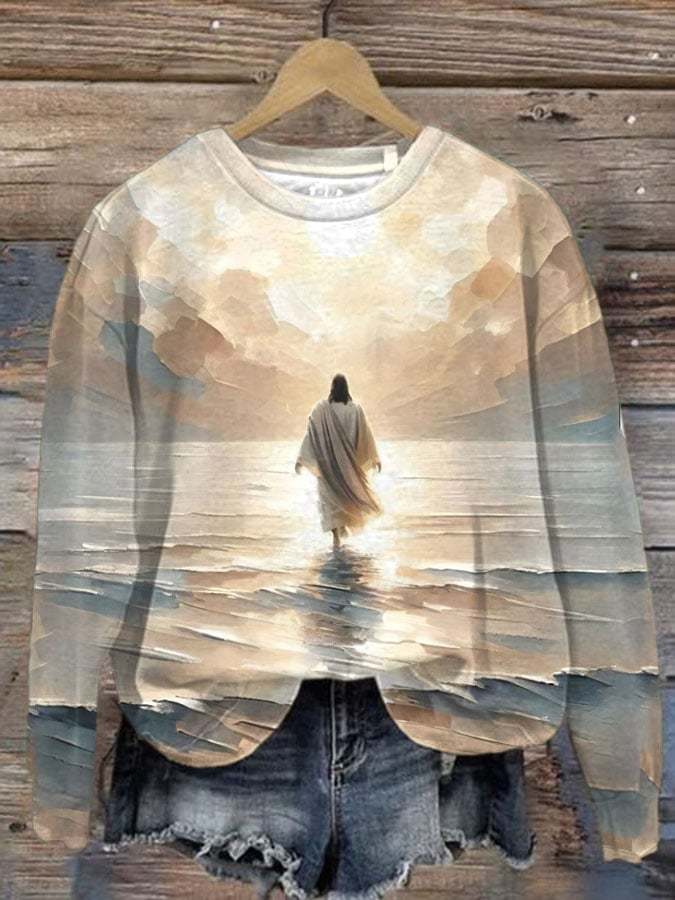 Women's Jesus Walking On Water Print Round Neck Sweatshirt
