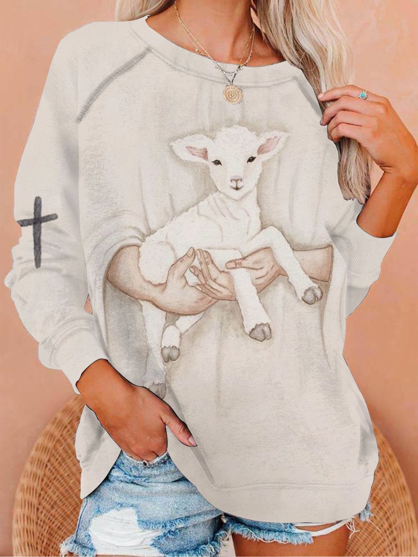 Women'S Oil Painting Jesus And Sheep Print Casual Sweatshirt