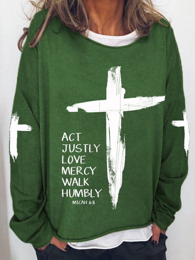 Women's Act Justly Love Mercy Walk Humbly-Micah 6:8 Cross Print Drop Shoulder Sweatshirt