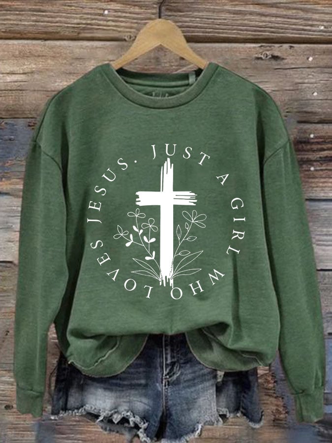 Women's Just A Girl Who Loves Jesus Print Round Neck Sweatshirt