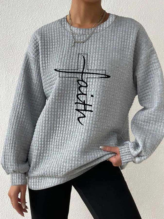 Women's Faith Cross Print Waffle Sweatshirt