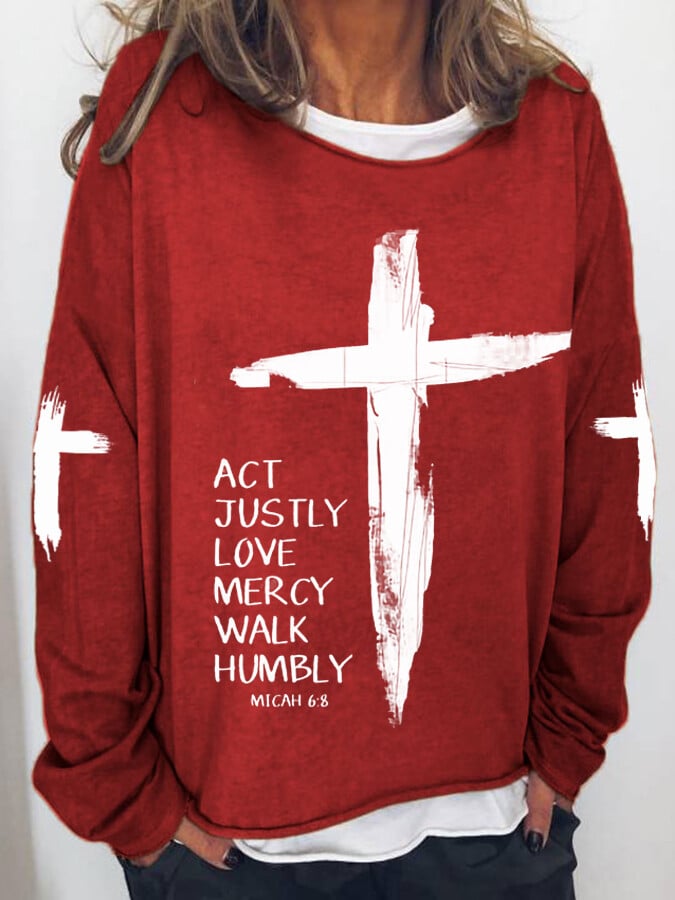 Women's Act Justly Love Mercy Walk Humbly-Micah 6:8 Cross Print Drop Shoulder Sweatshirt