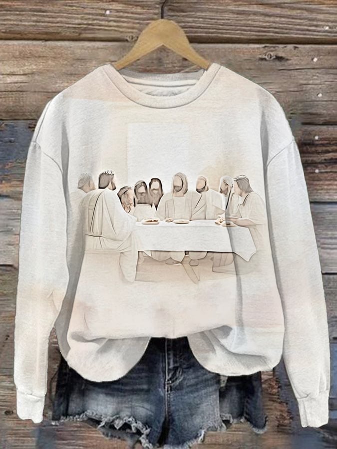 Women's Oil Painting Jesus Last Supper Printed Long Sleeve Sweatshirt