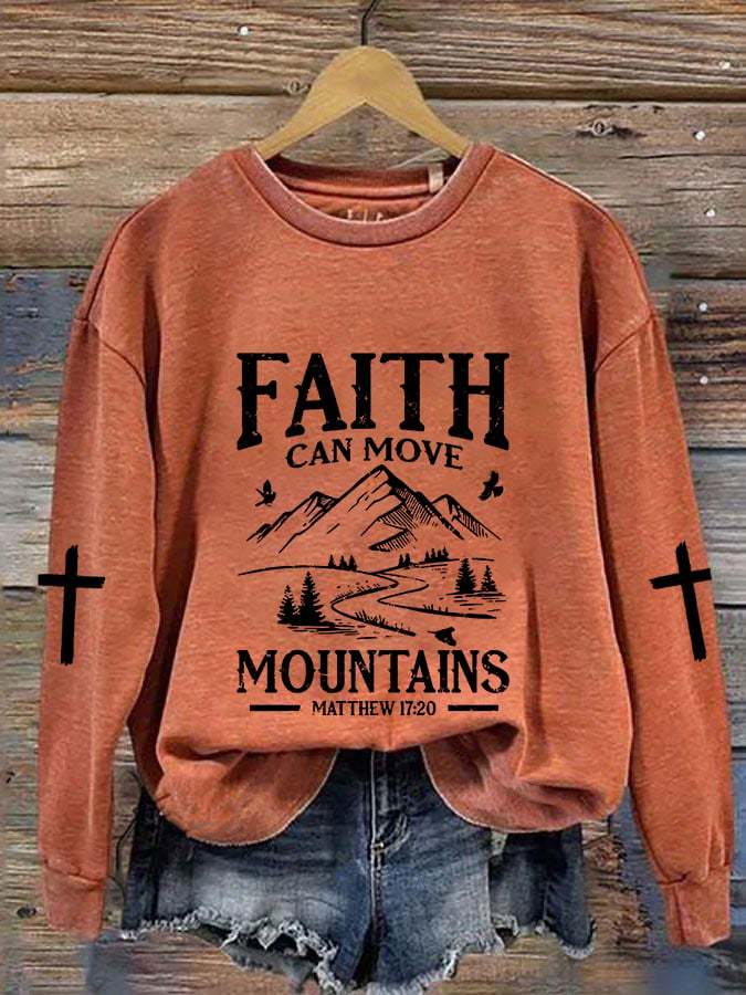Women's Faith Can Move Mountains Cross Print Crew Neck Sweatshirt