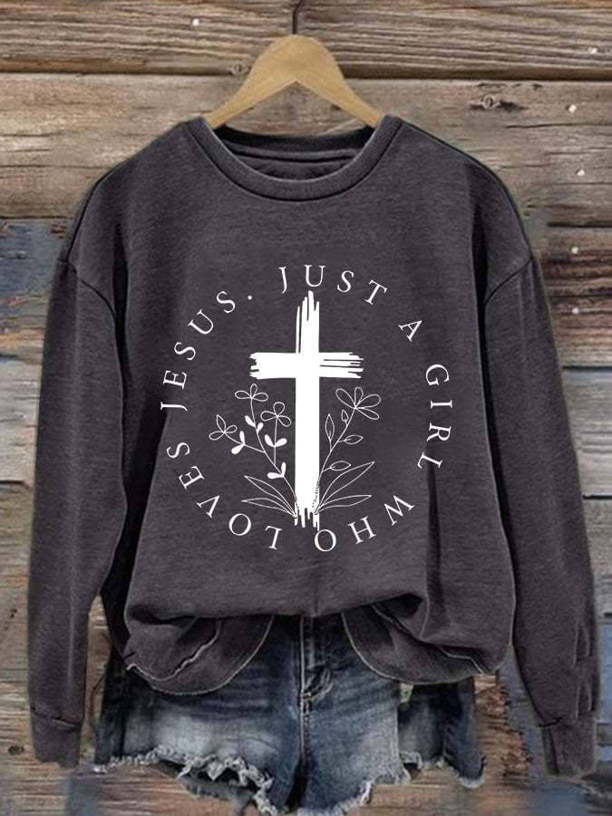 Women's Just A Girl Who Loves Jesus Print Round Neck Sweatshirt