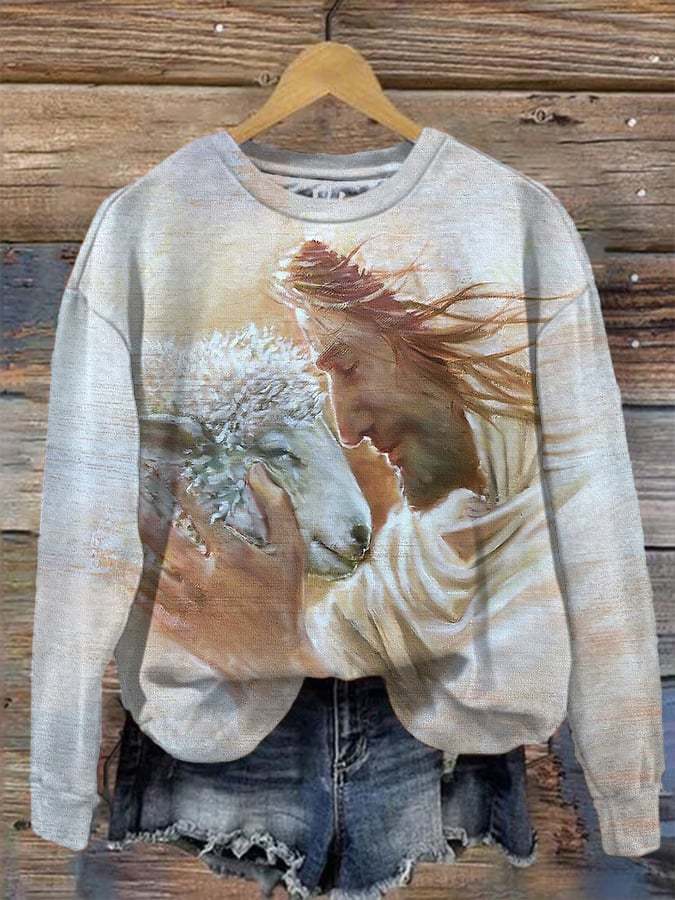 Women's Jesus and Sheep Print Sweatshirt