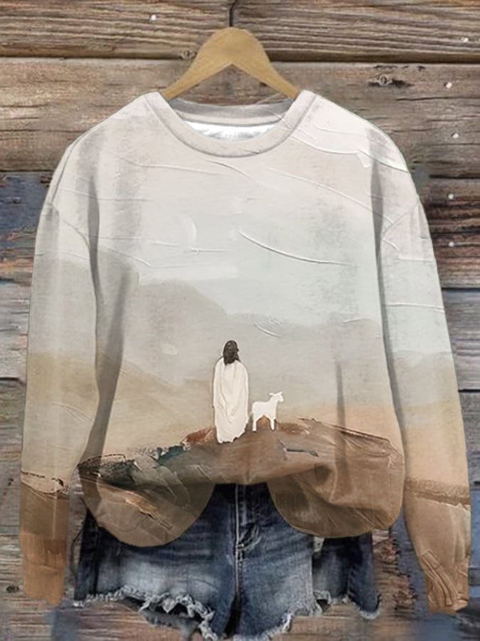 Women'S Jesus And Sheep Print Crew Neck Sweatshirt