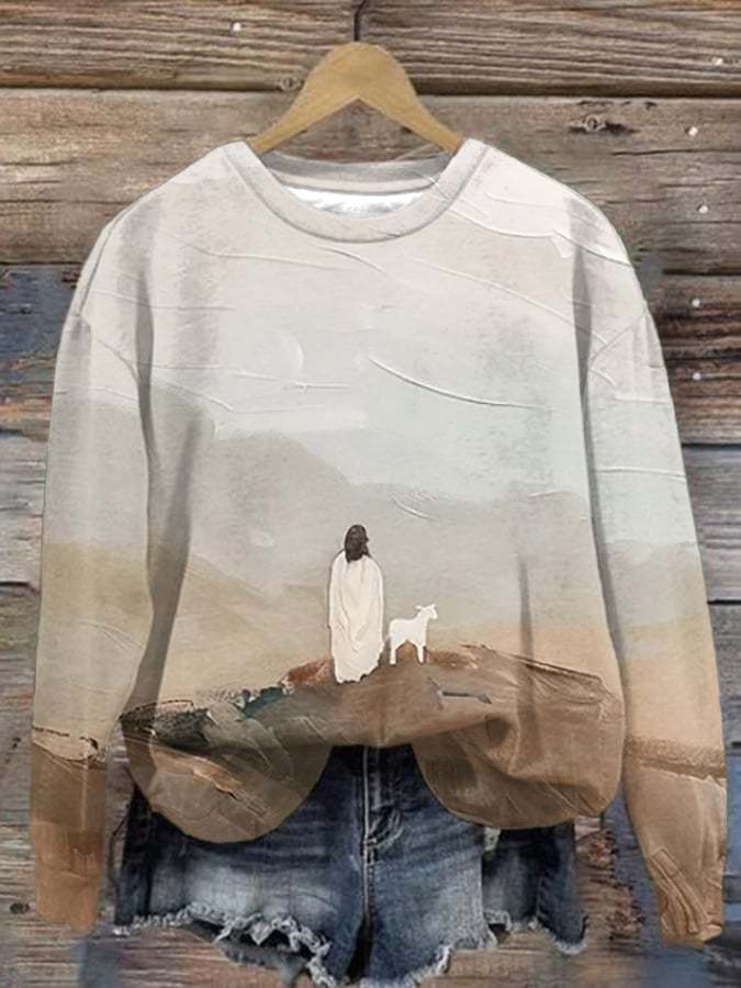 Women'S Jesus And Sheep Print Crew Neck Sweatshirt