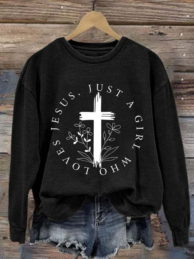 Women's Just A Girl Who Loves Jesus Print Round Neck Sweatshirt