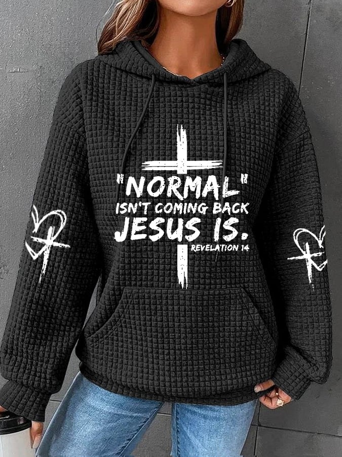 Women's Normal Isn't Coming Back Jesus Is Revelation 14 Cross Print Color Block Waffle Hoodie Drawstring Sweatshirt