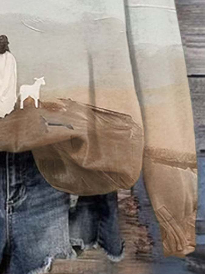 Women'S Jesus And Sheep Print Crew Neck Sweatshirt