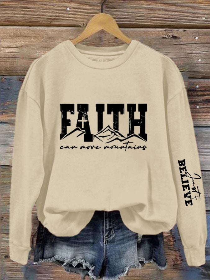 Women's Faith Can Move Mountains  Print Crew Neck Sweatshirt