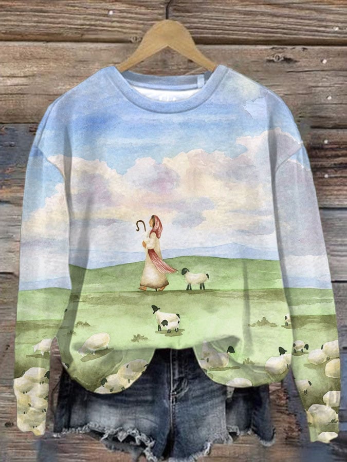 Women's The Lord Is My Shepherd Print Casual Round Neck Sweatshirt